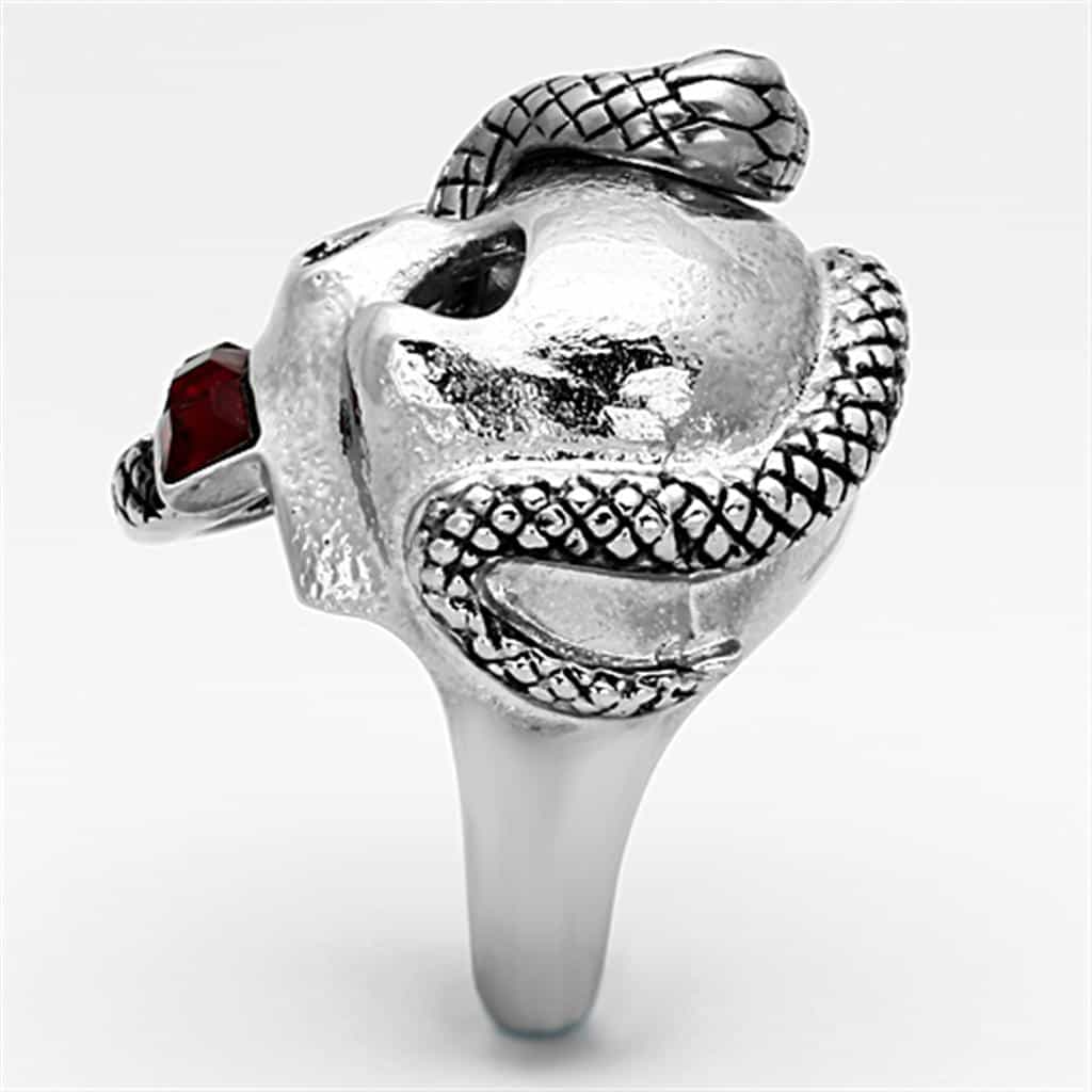 Stainless Steel Skull Snake Wrap Red CZ Ring view 11