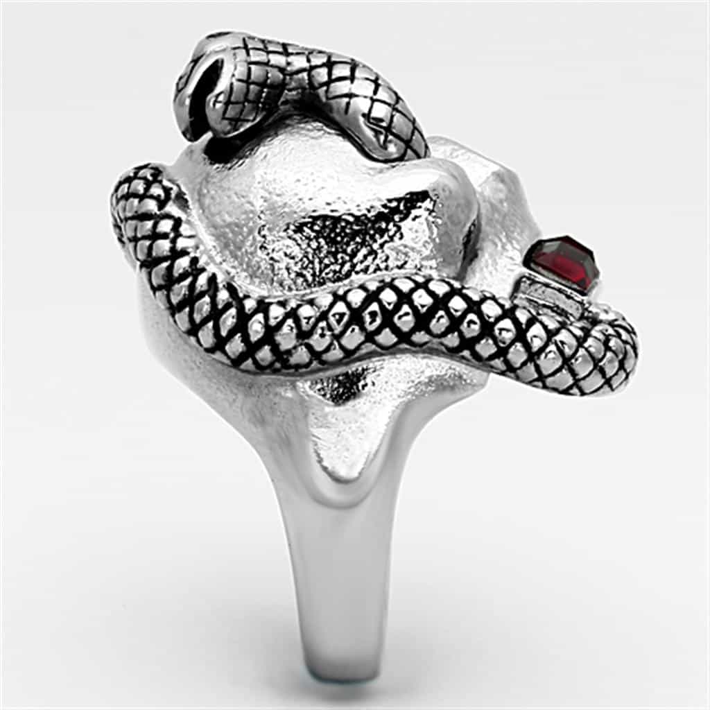 Stainless Steel Skull Snake Wrap Red CZ Ring view 12