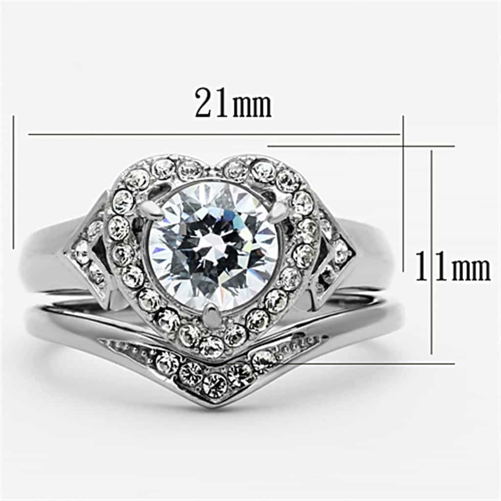 Stainless Steel CZ Heart Halo Chevron Bridal Set Ring view 6