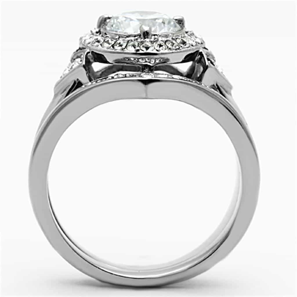 Stainless Steel CZ Heart Halo Chevron Bridal Set Ring view 7