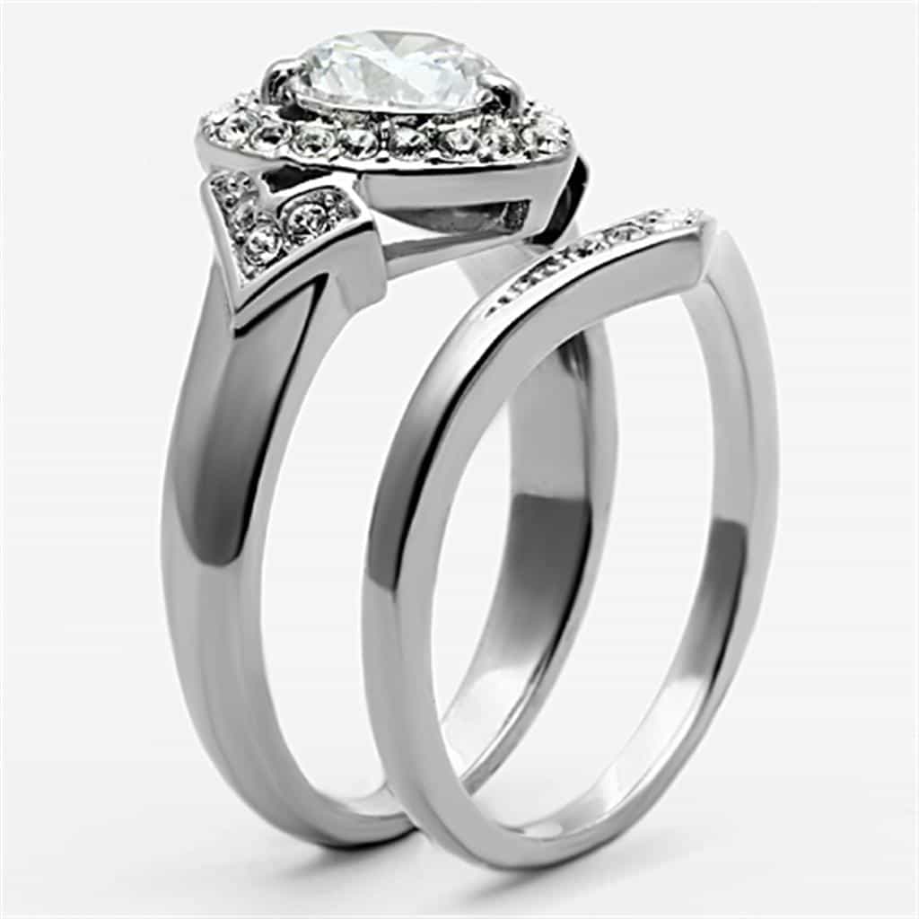 Stainless Steel CZ Heart Halo Chevron Bridal Set Ring view 8