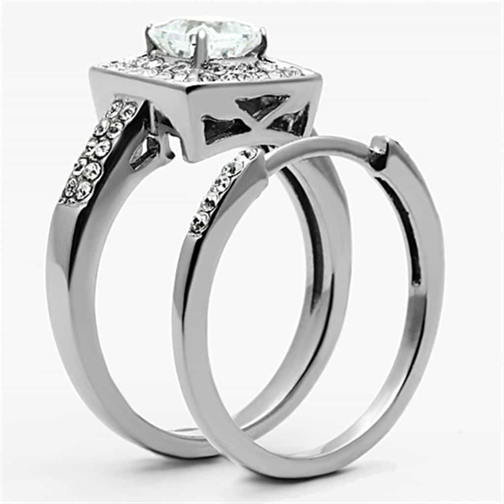 Stainless Steel CZ Cushion Halo Bridal Ring view 8