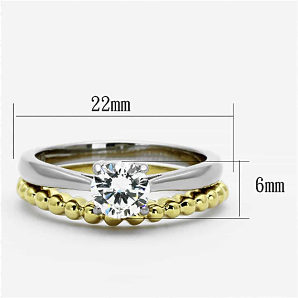 Stainless Steel Two Tone CZ Round Solitaire Beaded Bridal Ring view 2