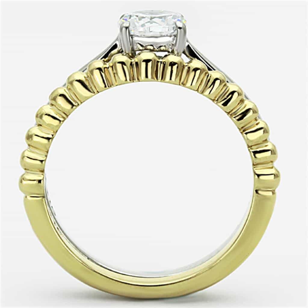 Stainless Steel Two Tone CZ Round Solitaire Beaded Bridal Ring view 3