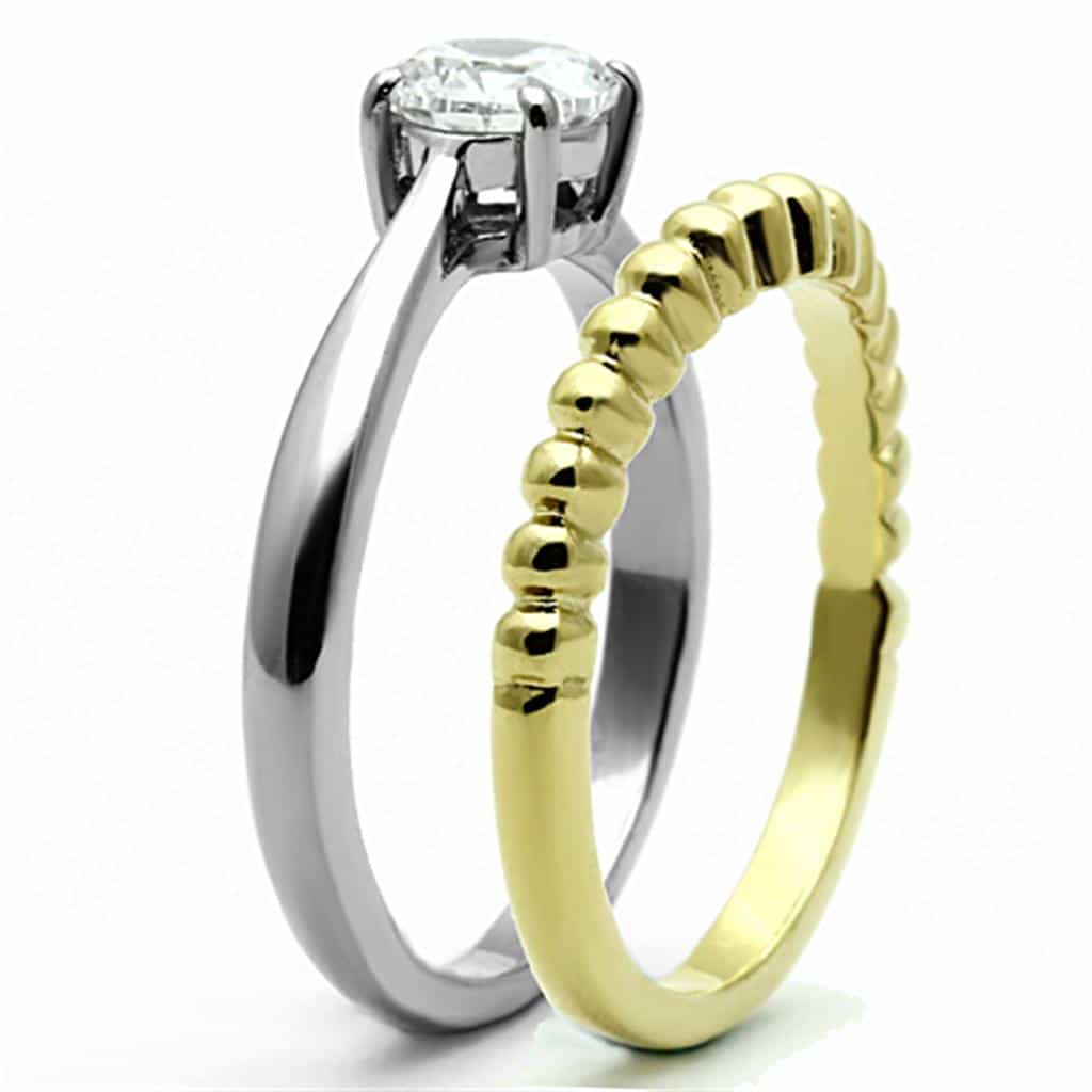 Stainless Steel Two Tone CZ Round Solitaire Beaded Bridal Ring view 8