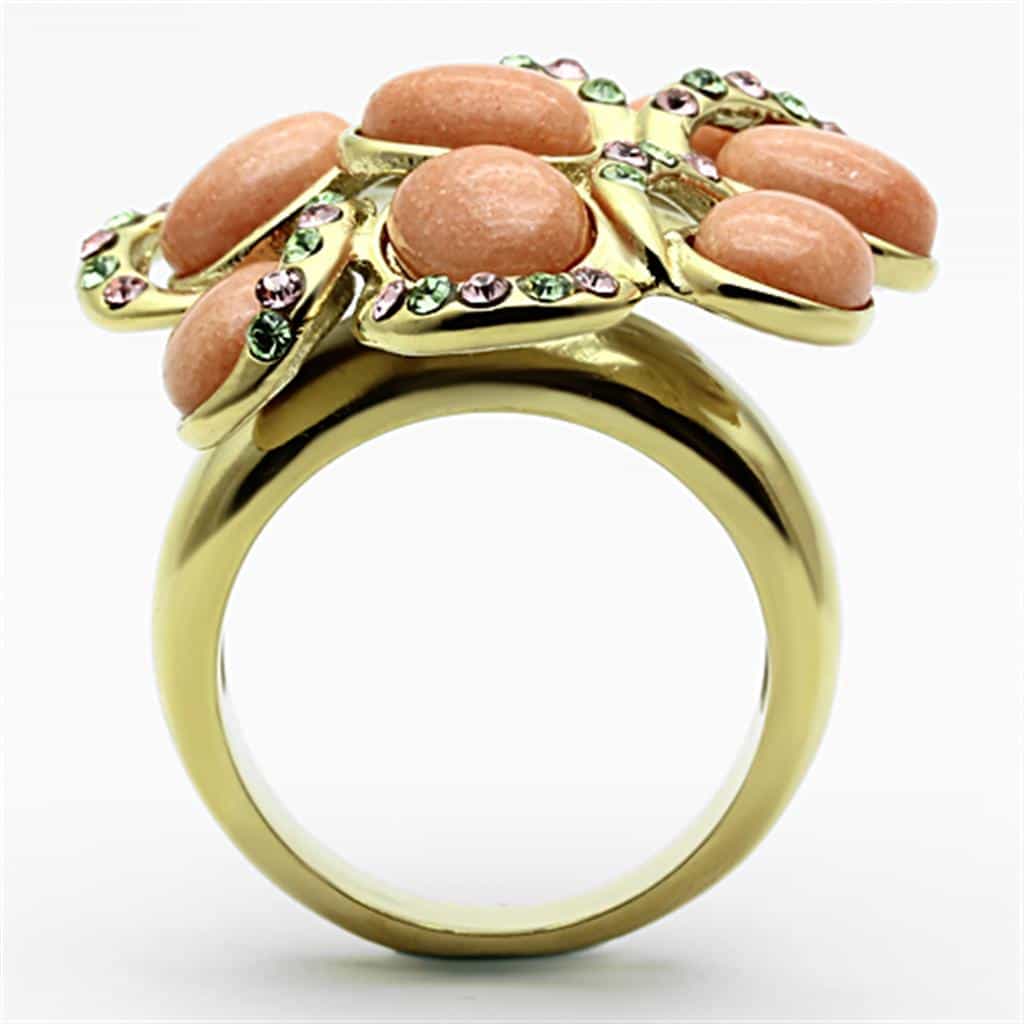 Stainless Steel Gold Peach Cabochon Oval Cluster Flower Ring view 8