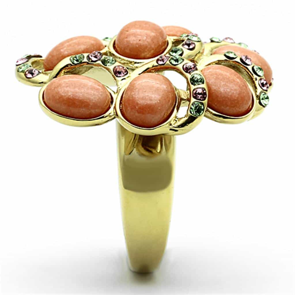 Stainless Steel Gold Peach Cabochon Oval Cluster Flower Ring view 9