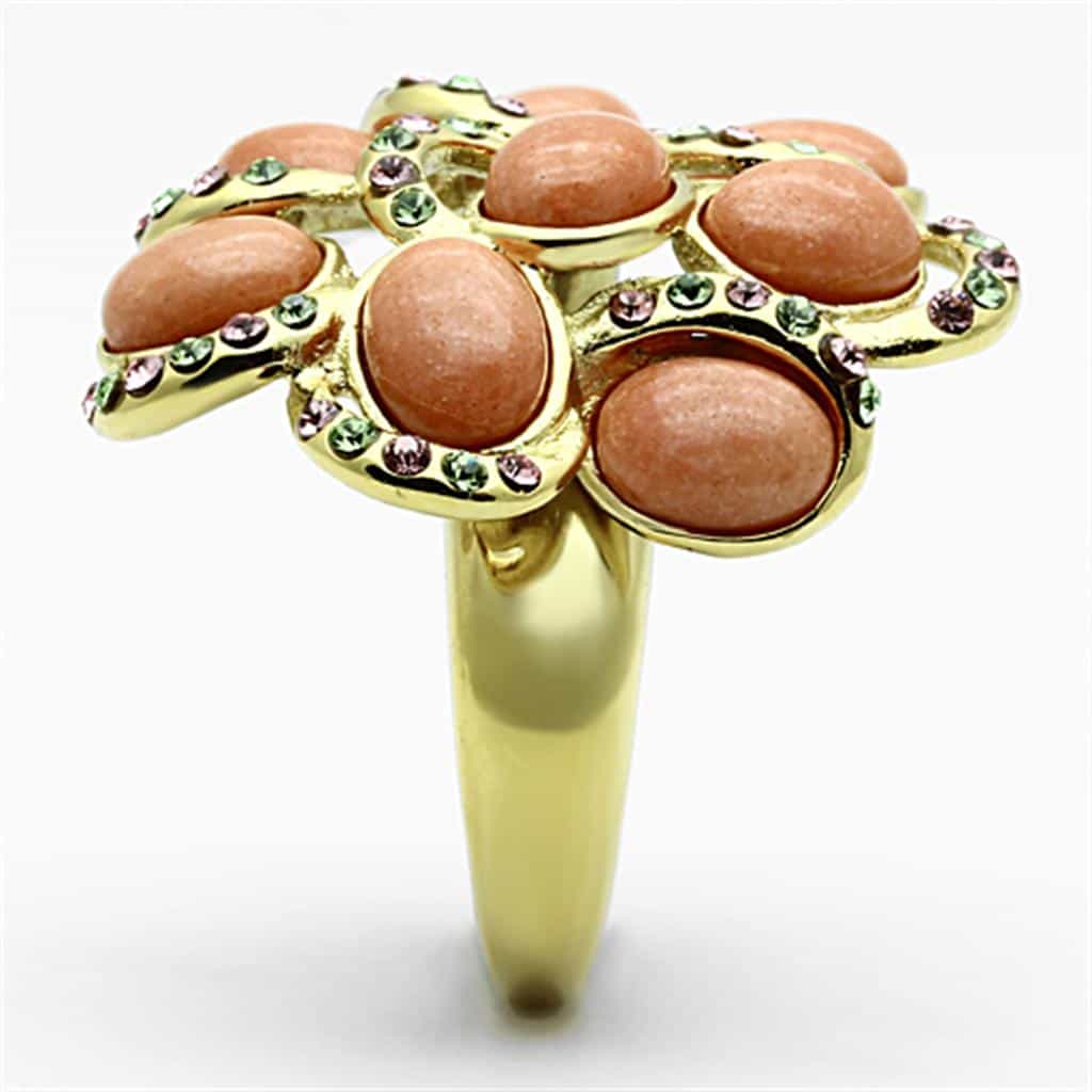 Stainless Steel Gold Peach Cabochon Oval Cluster Flower Ring view 10