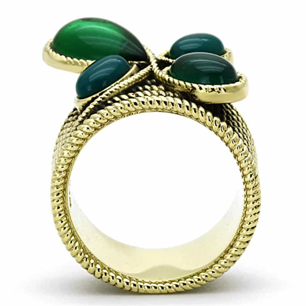 Stainless Steel Gold Green Cabochon Teardrop Trefoil Ring view 3