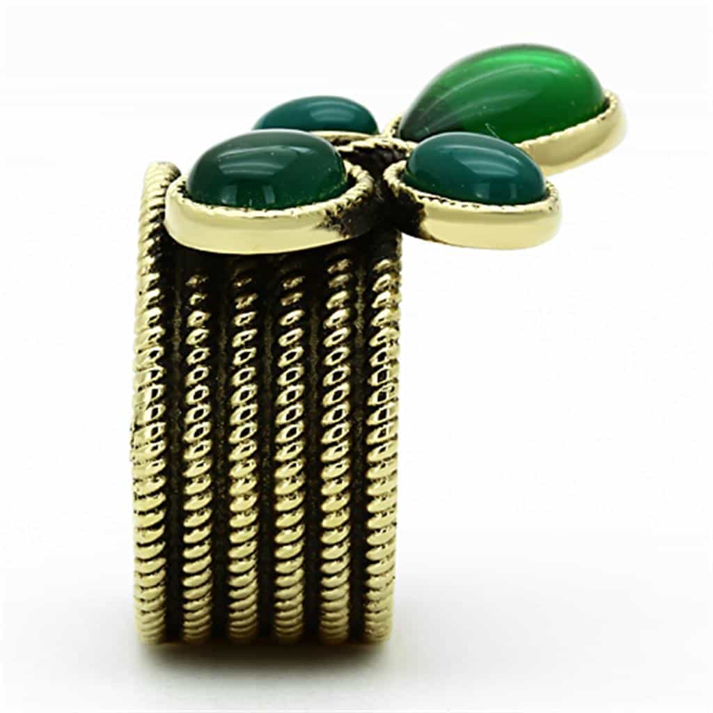 Stainless Steel Gold Green Cabochon Teardrop Trefoil Ring view 8