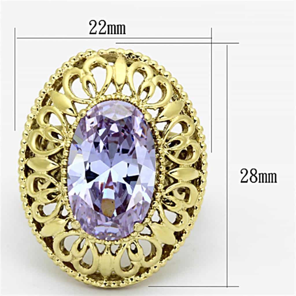 Stainless Steel Gold Lavender Oval CZ Filigree Dome Ring view 2