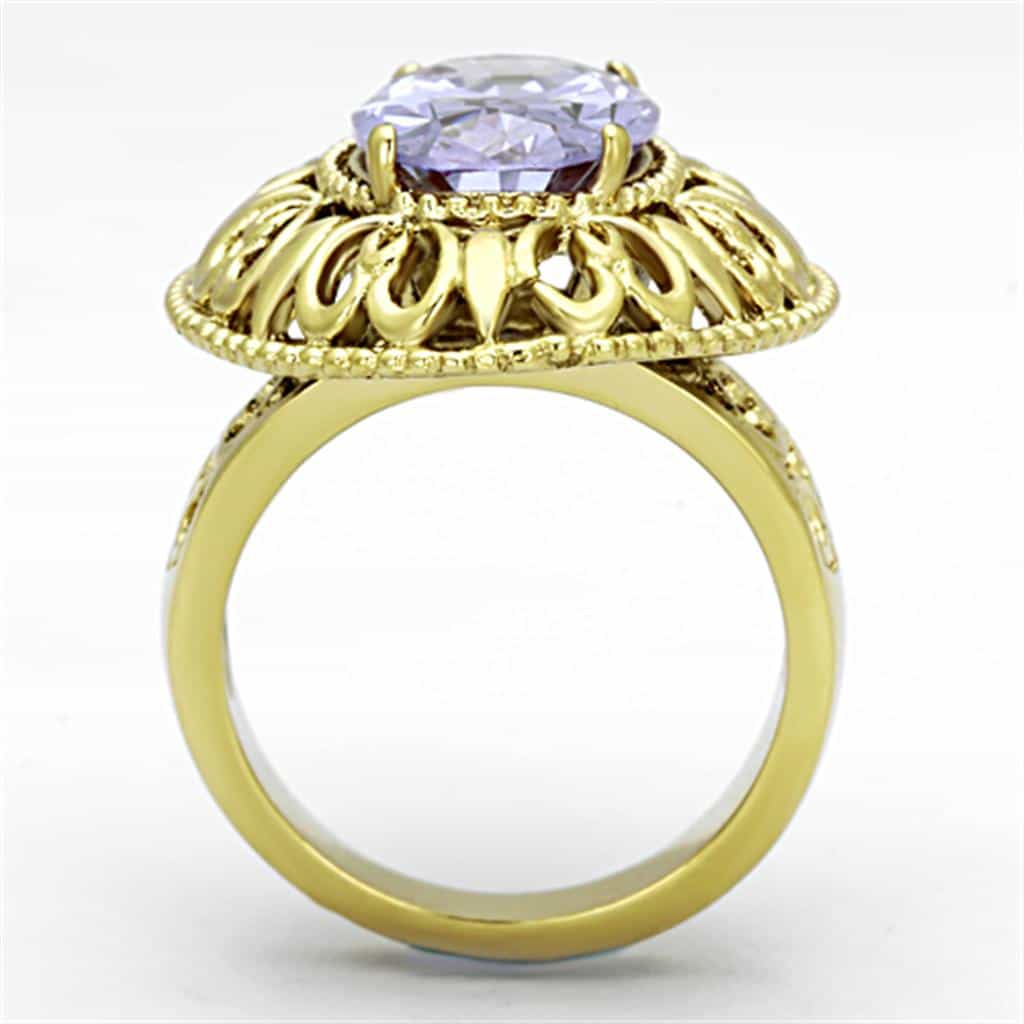 Stainless Steel Gold Lavender Oval CZ Filigree Dome Ring view 7