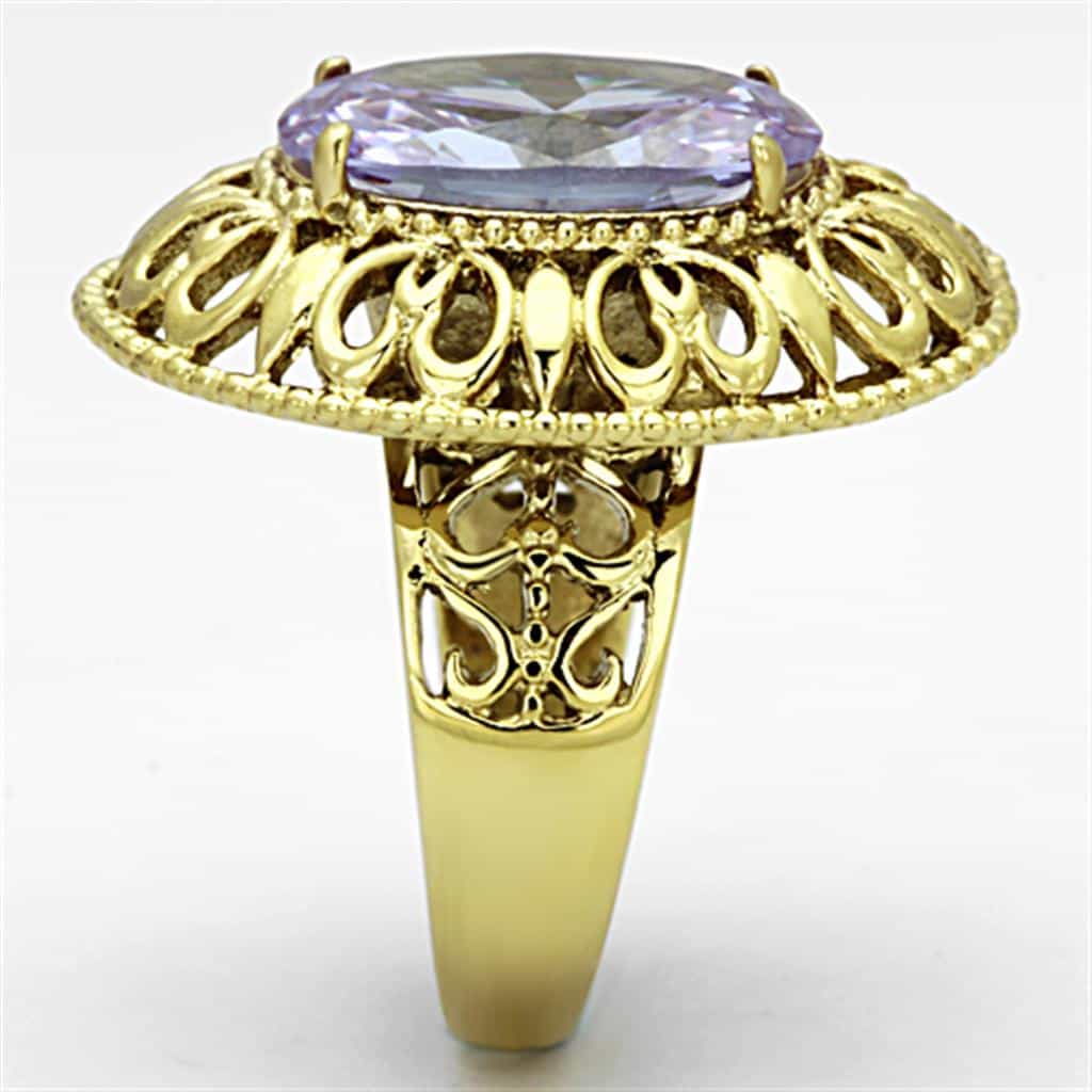 Stainless Steel Gold Lavender Oval CZ Filigree Dome Ring view 8