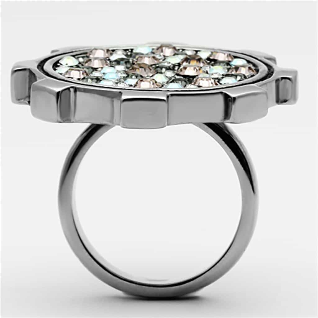 Stainless Steel Champagne Crystal Pave Gear Dome Ring view 7
