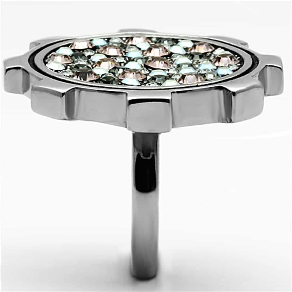 Stainless Steel Champagne Crystal Pave Gear Dome Ring view 8