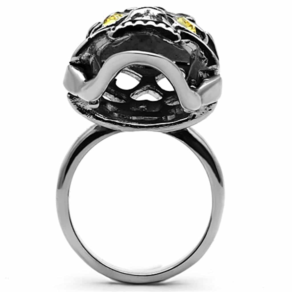 Stainless Steel Black Enamel Skull Yellow CZ Eyes Ring view 8