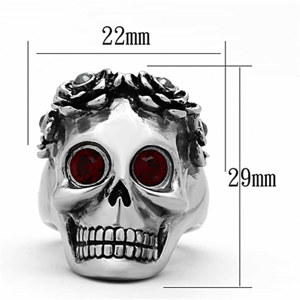 Stainless Steel Skull Red CZ Eyes Floral Vine Ring view 2