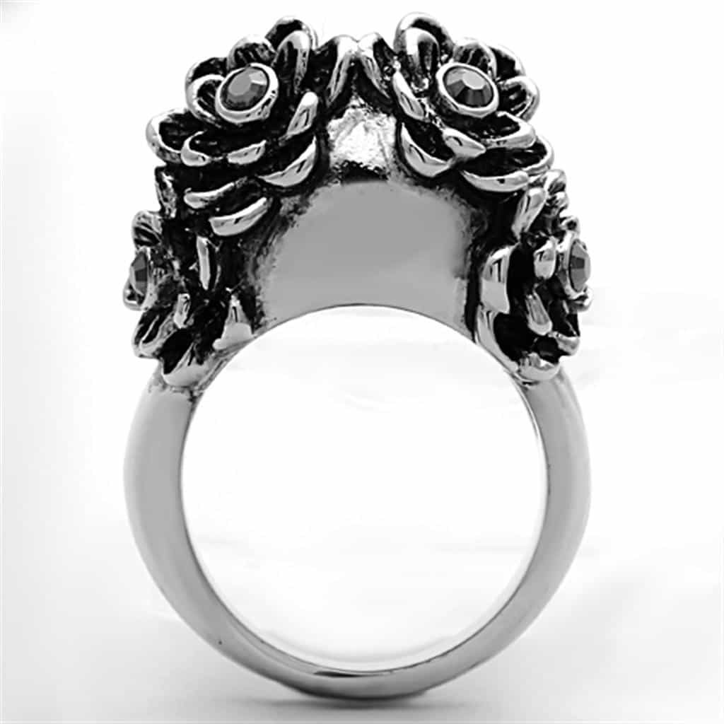 Stainless Steel Skull Red CZ Eyes Floral Vine Ring view 9