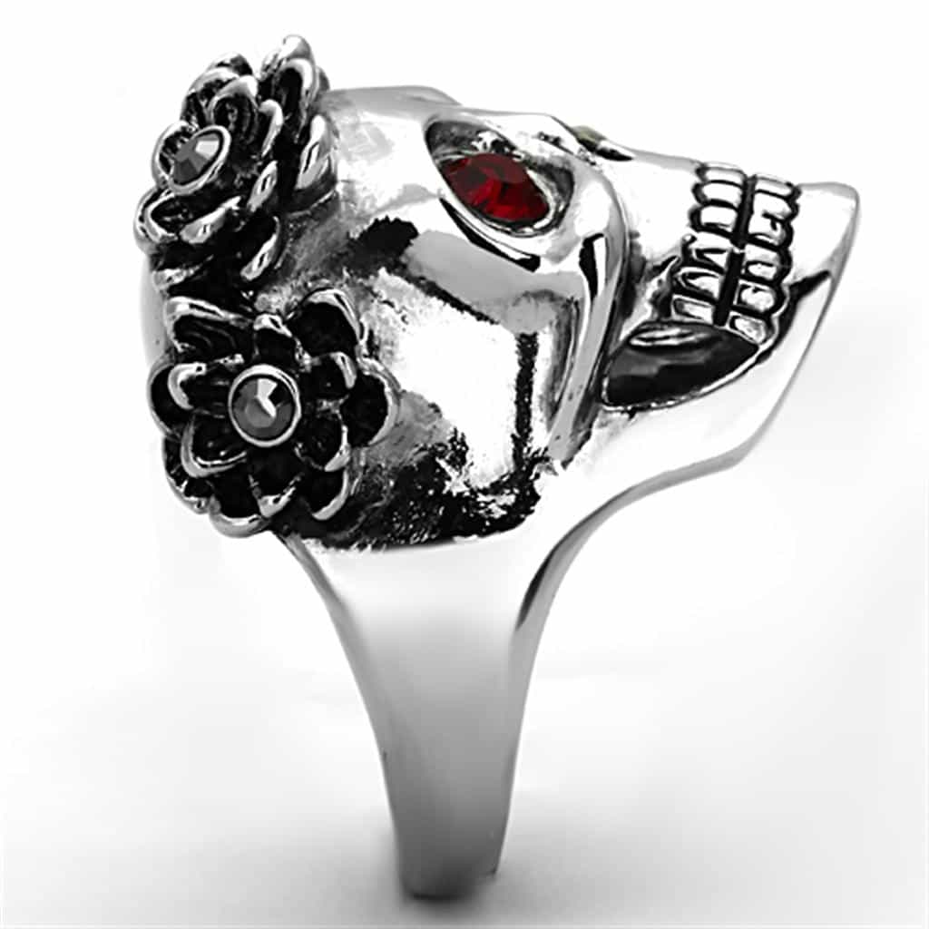 Stainless Steel Skull Red CZ Eyes Floral Vine Ring view 10