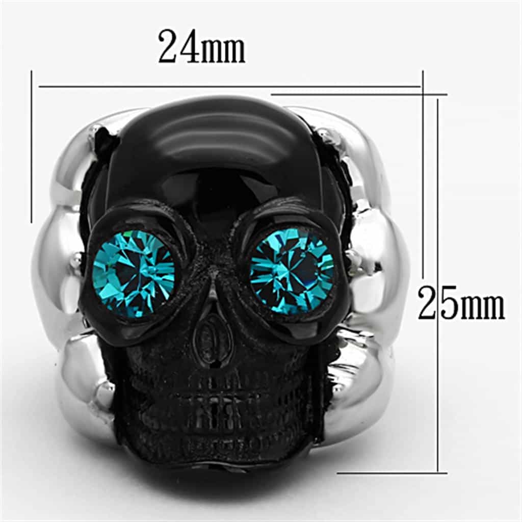 Stainless Steel Black Skull Aqua Blue CZ Eyes Ring view 2