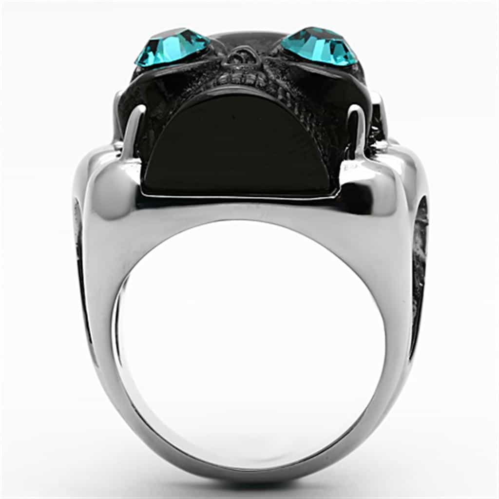 Stainless Steel Black Skull Aqua Blue CZ Eyes Ring view 7