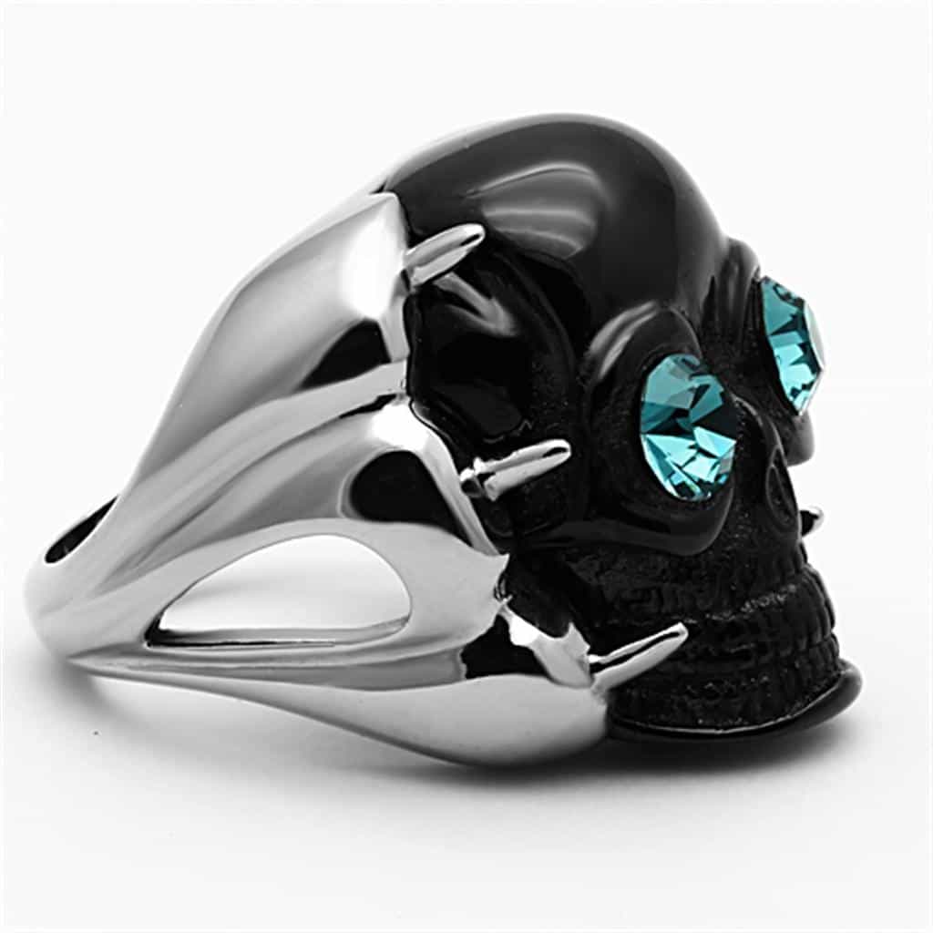 Stainless Steel Black Skull Aqua Blue CZ Eyes Ring view 8