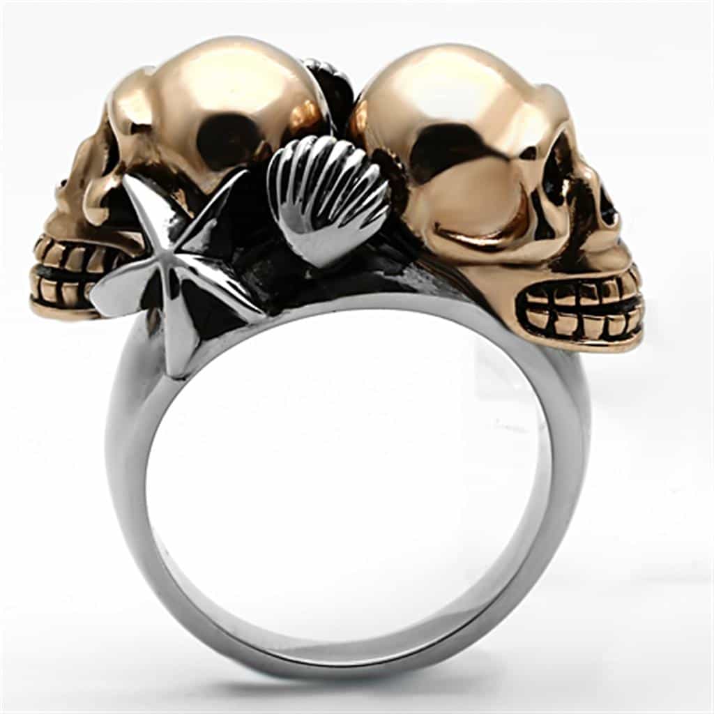 Stainless Steel Rose Gold Dual Skull Star Shell Ring view 10