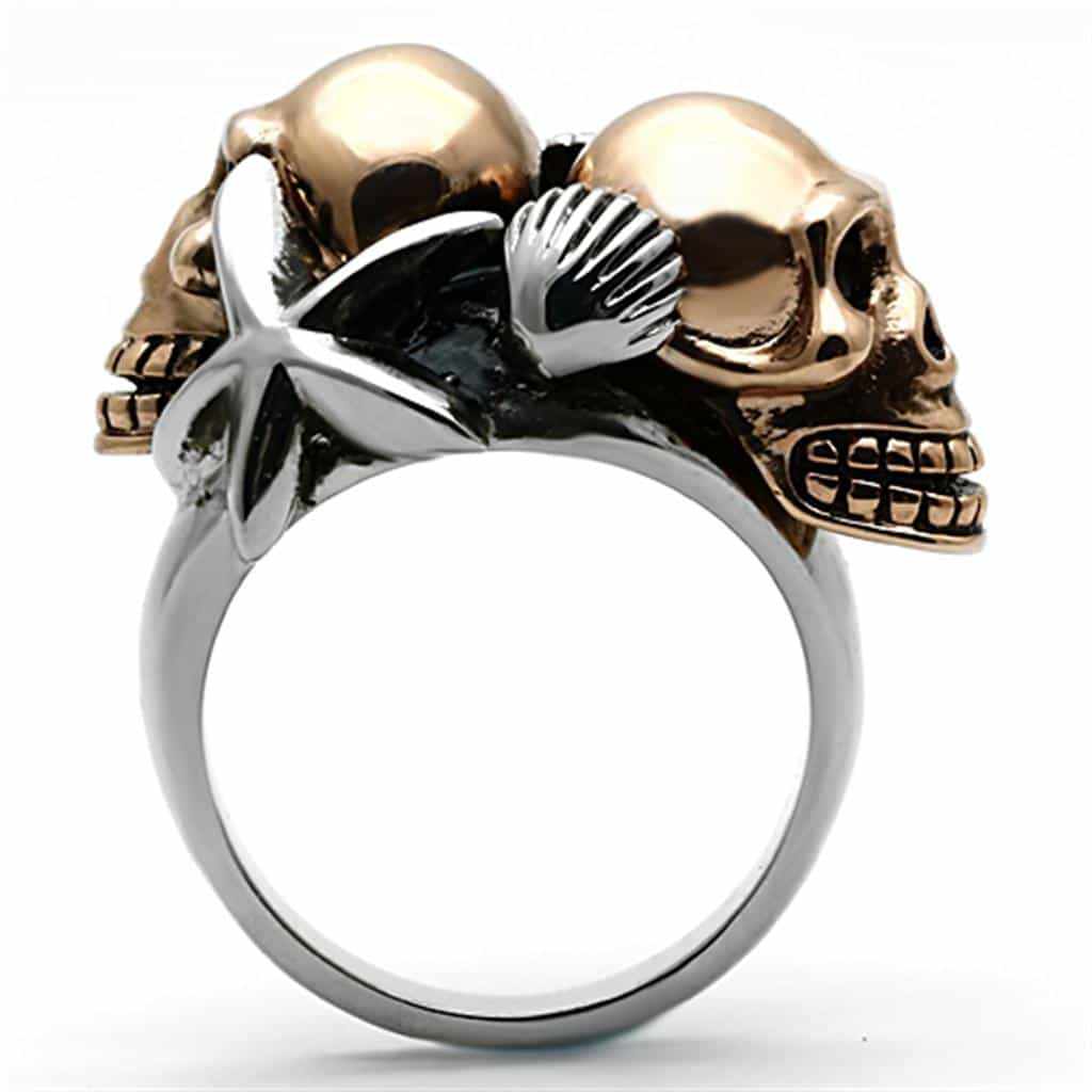 Stainless Steel Rose Gold Dual Skull Star Shell Ring view 3