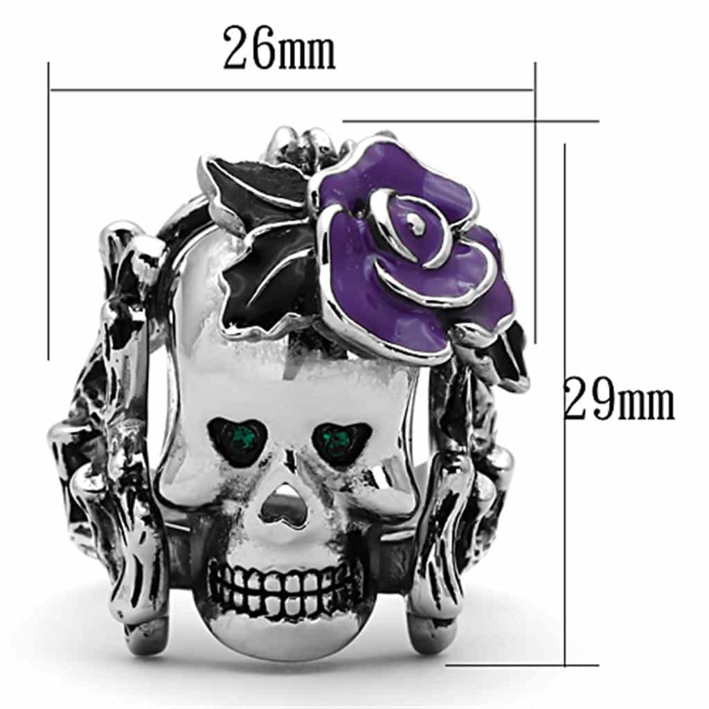Stainless Steel Skull Purple Rose Vine Statement Ring view 2