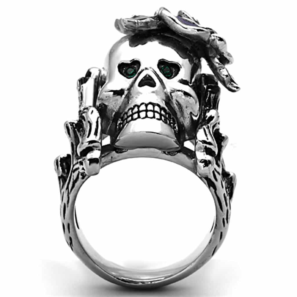 Stainless Steel Skull Purple Rose Vine Statement Ring view 9