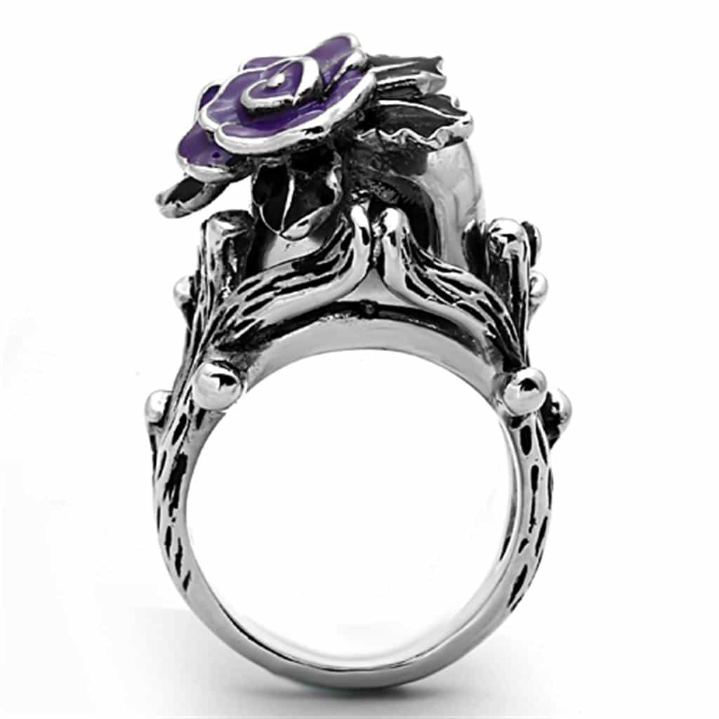 Stainless Steel Skull Purple Rose Vine Statement Ring view 4