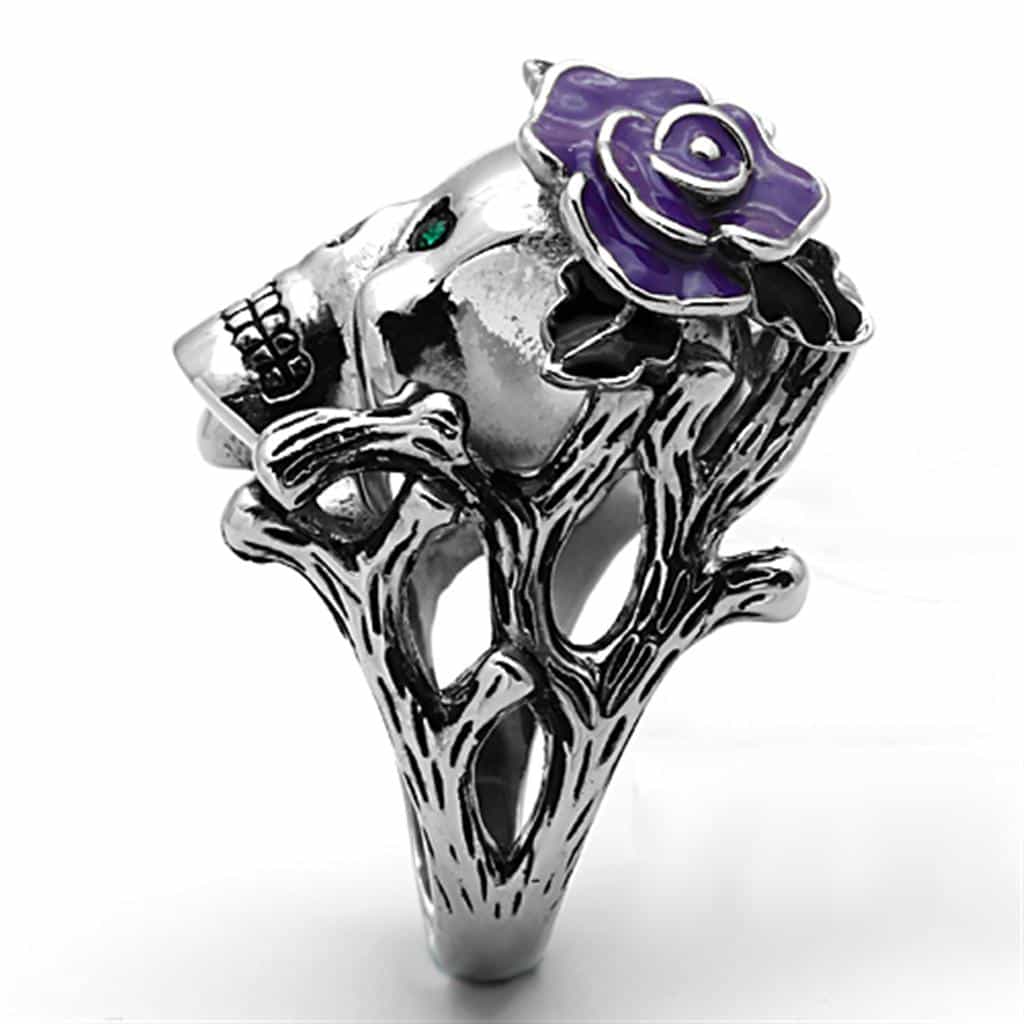 Stainless Steel Skull Purple Rose Vine Statement Ring view 11