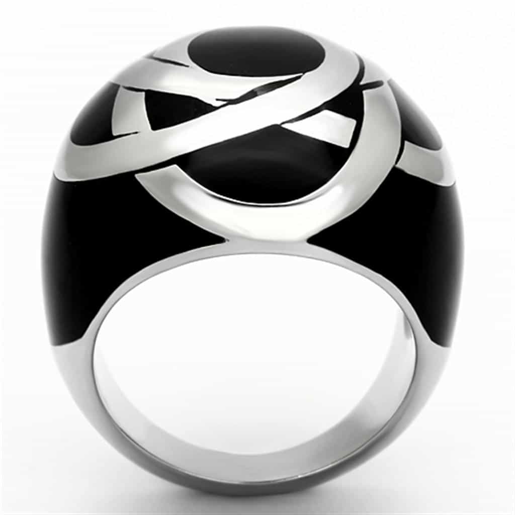 Stainless Steel Black White Enamel Abstract Rose Dome Ring view 7