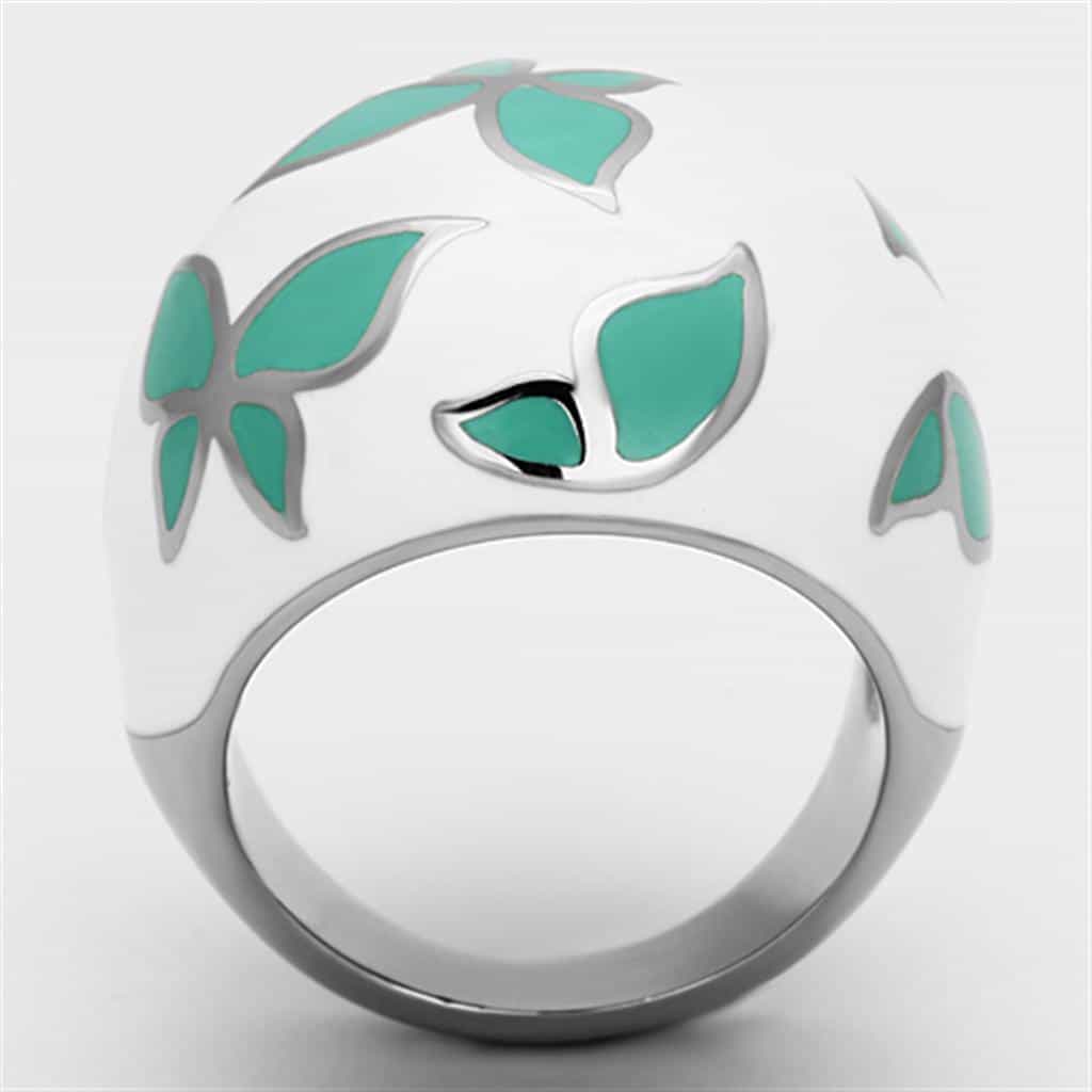 Stainless Steel Teal Enamel Butterfly Dome Ring view 3