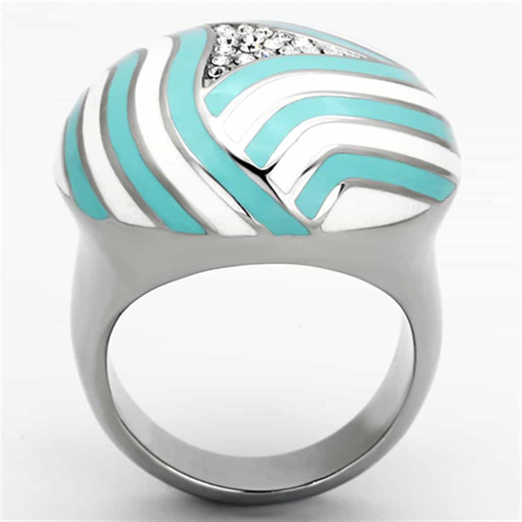 Stainless Steel Turquoise White Enamel CZ Wave Dome Ring view 7