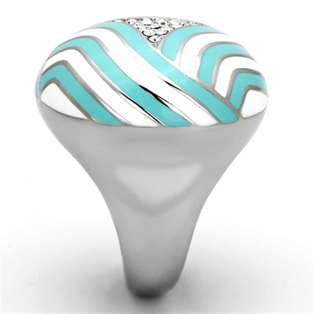 Stainless Steel Turquoise White Enamel CZ Wave Dome Ring view 8