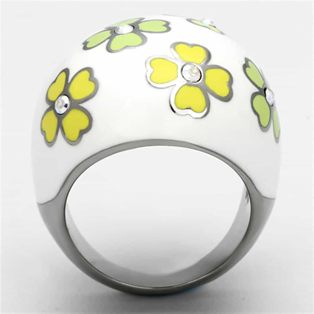 Stainless Steel White Enamel Yellow Flower CZ Dome Ring view 7