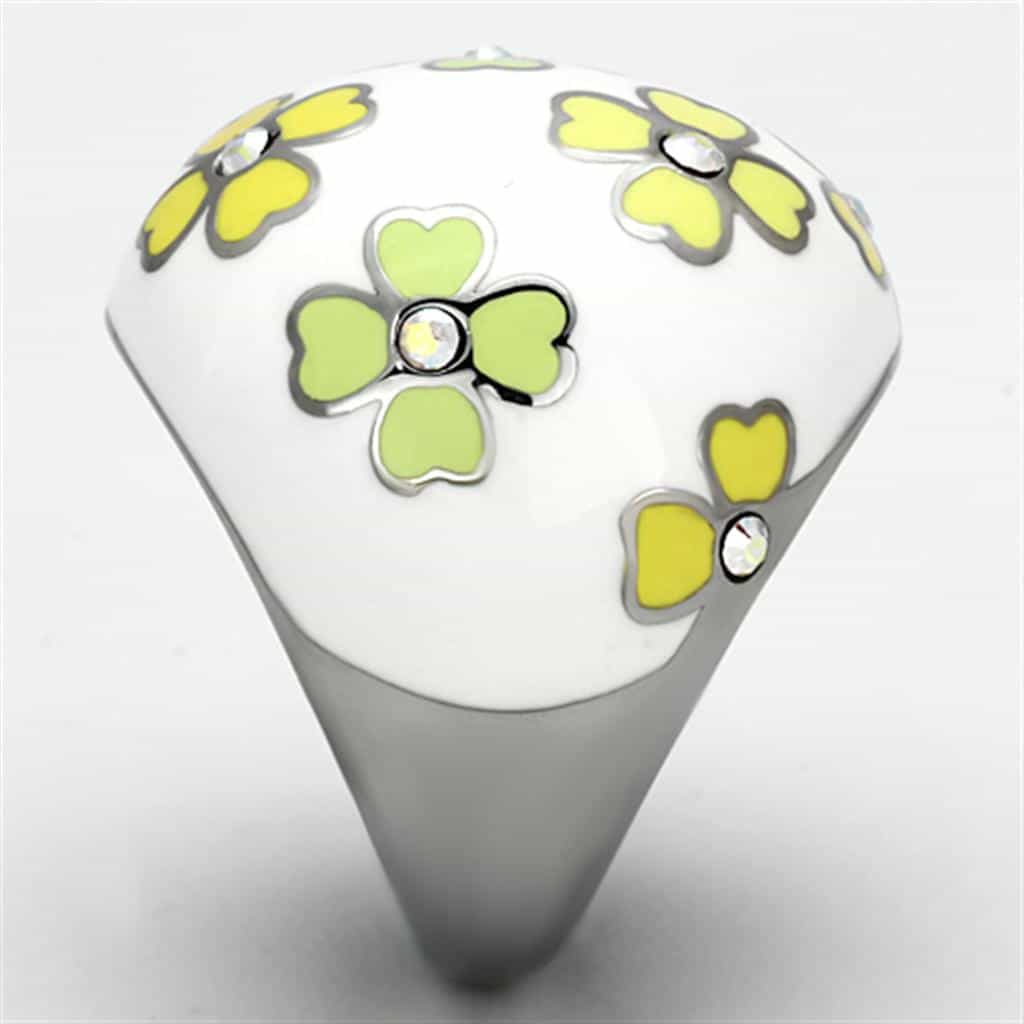 Stainless Steel White Enamel Yellow Flower CZ Dome Ring view 8
