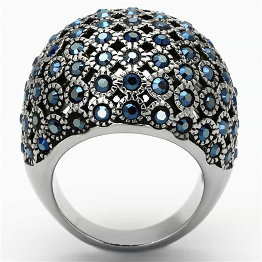 Stainless Steel Blue Multi Crystal Pave Dome Ring view 3