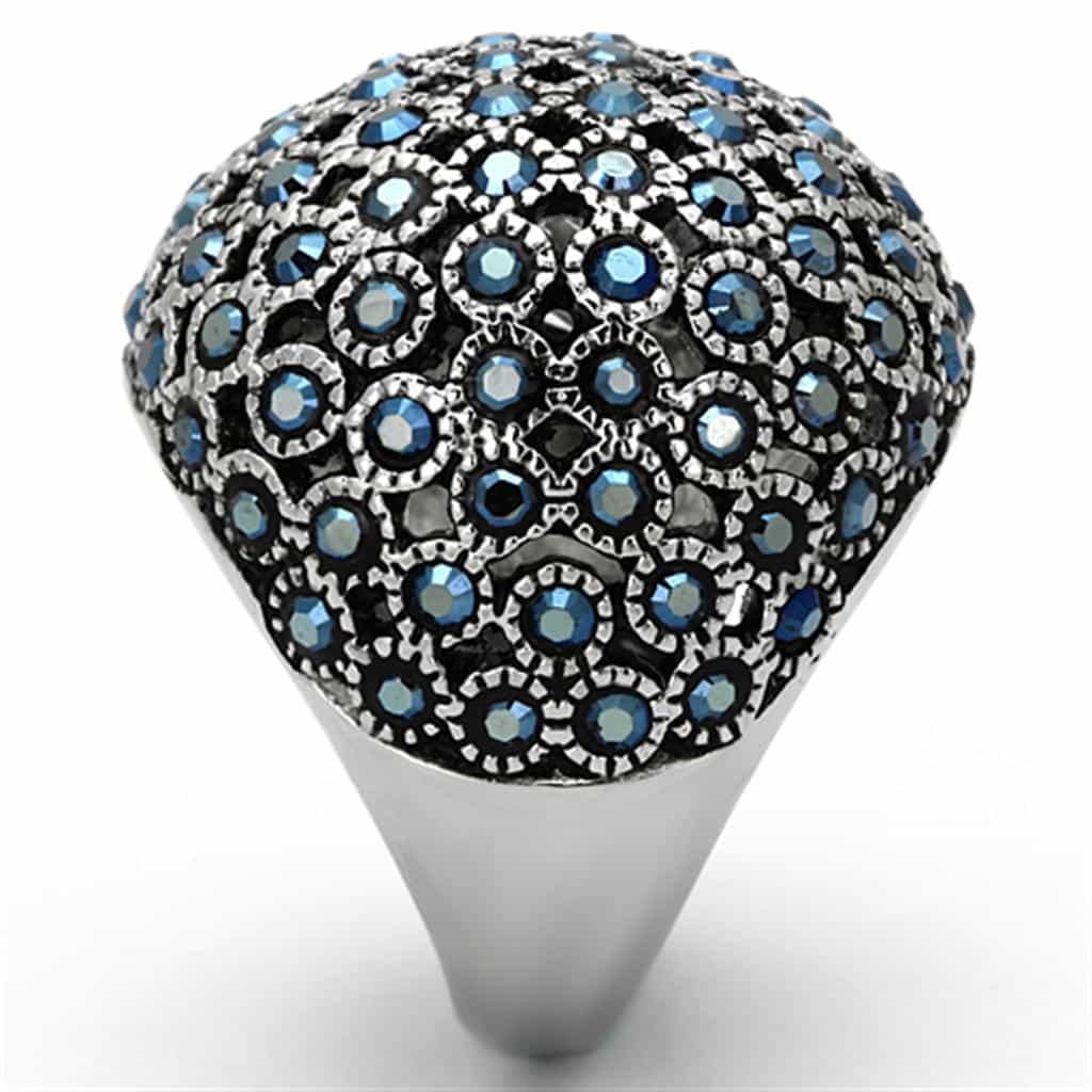 Stainless Steel Blue Multi Crystal Pave Dome Ring view 4
