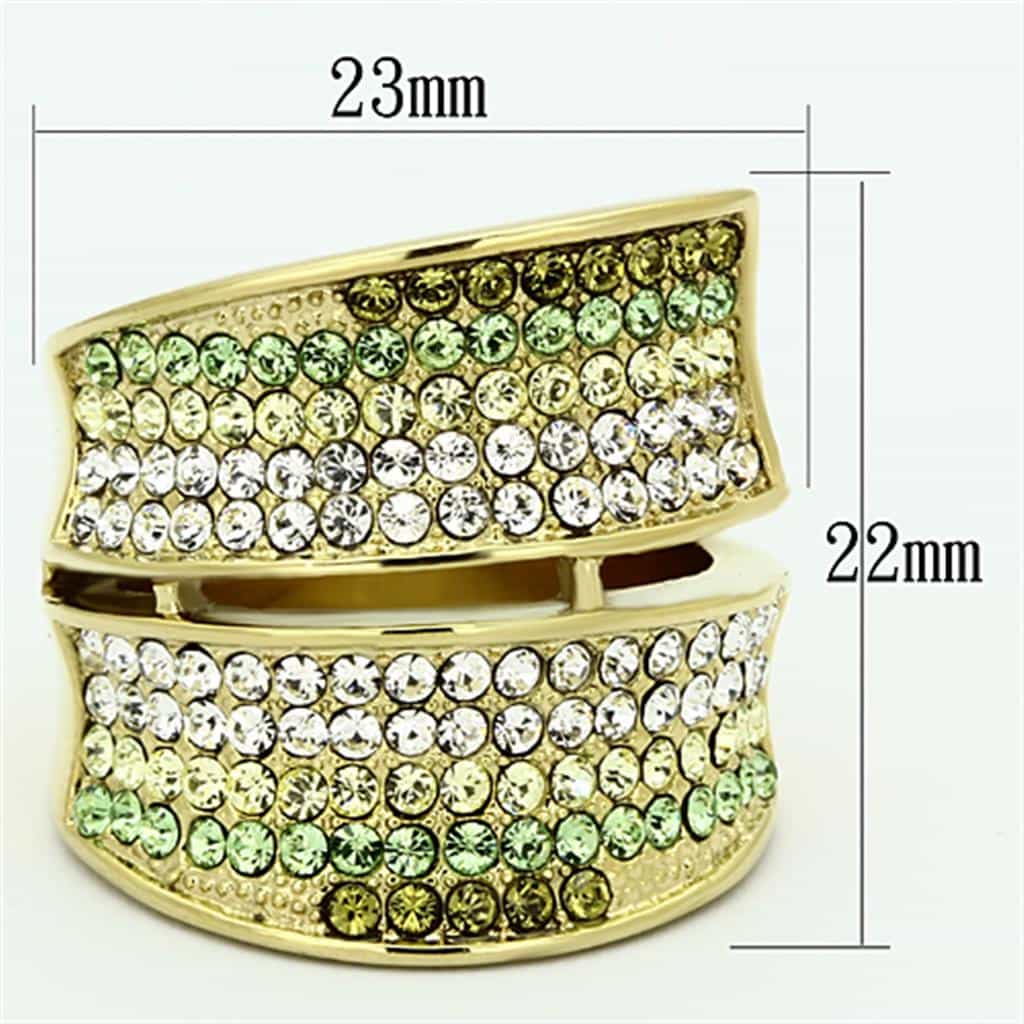 Stainless Steel Gold Green Crystal Pave Wave Wide Band Ring view 2
