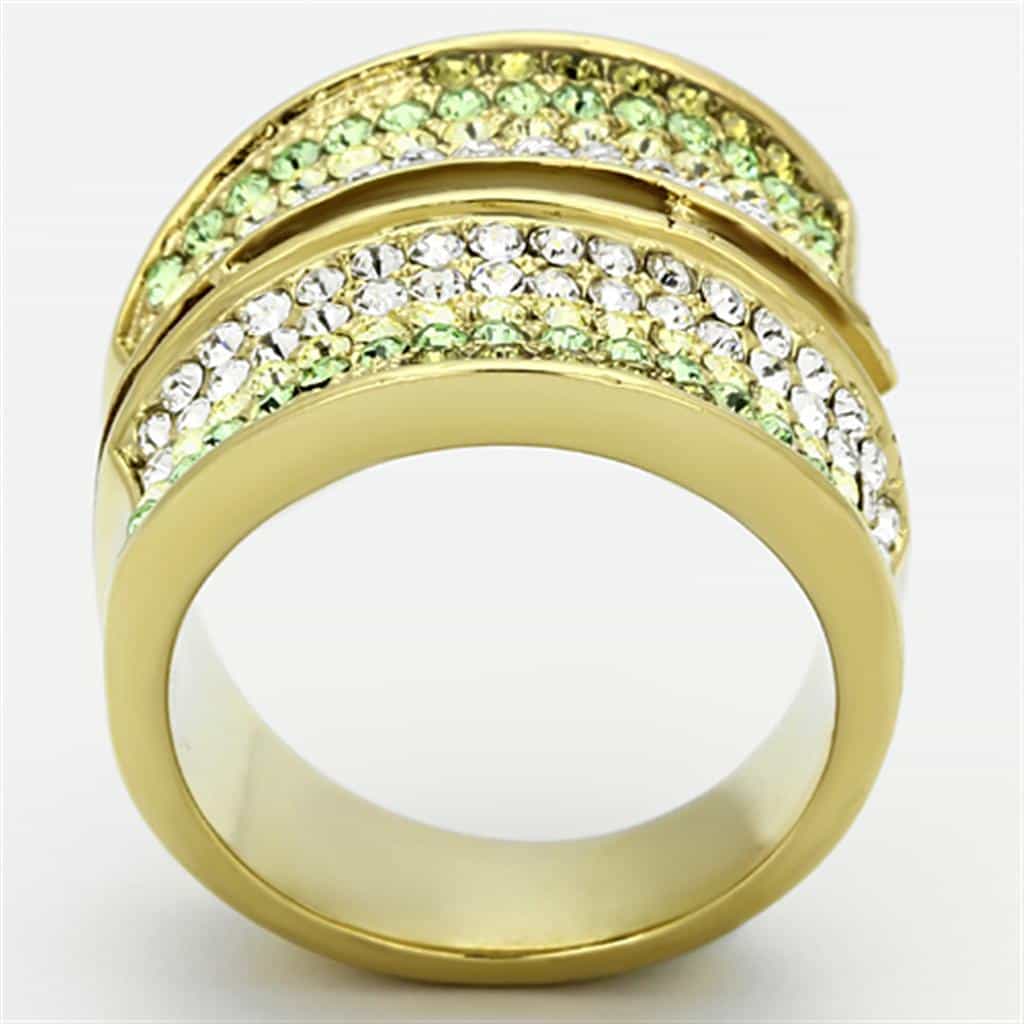 Stainless Steel Gold Green Crystal Pave Wave Wide Band Ring view 7