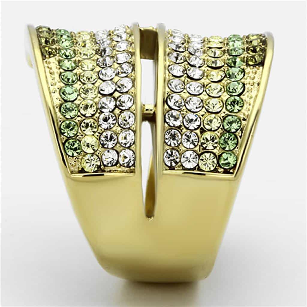 Stainless Steel Gold Green Crystal Pave Wave Wide Band Ring view 4