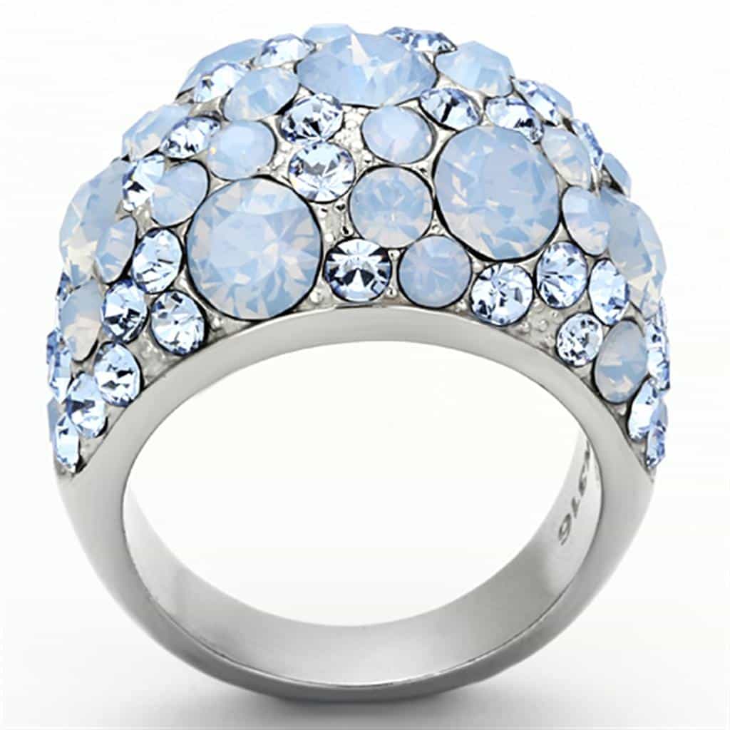 Stainless Steel Light Blue Opalescent Crystal Pave Dome Ring view 3