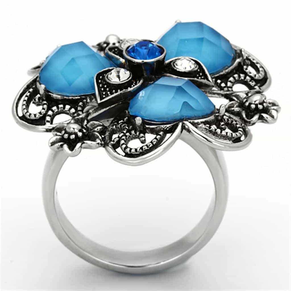 Stainless Steel Turquoise Blue Cabochon Flower Antiqued Ring view 7