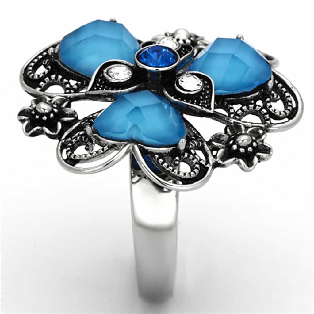 Stainless Steel Turquoise Blue Cabochon Flower Antiqued Ring view 8