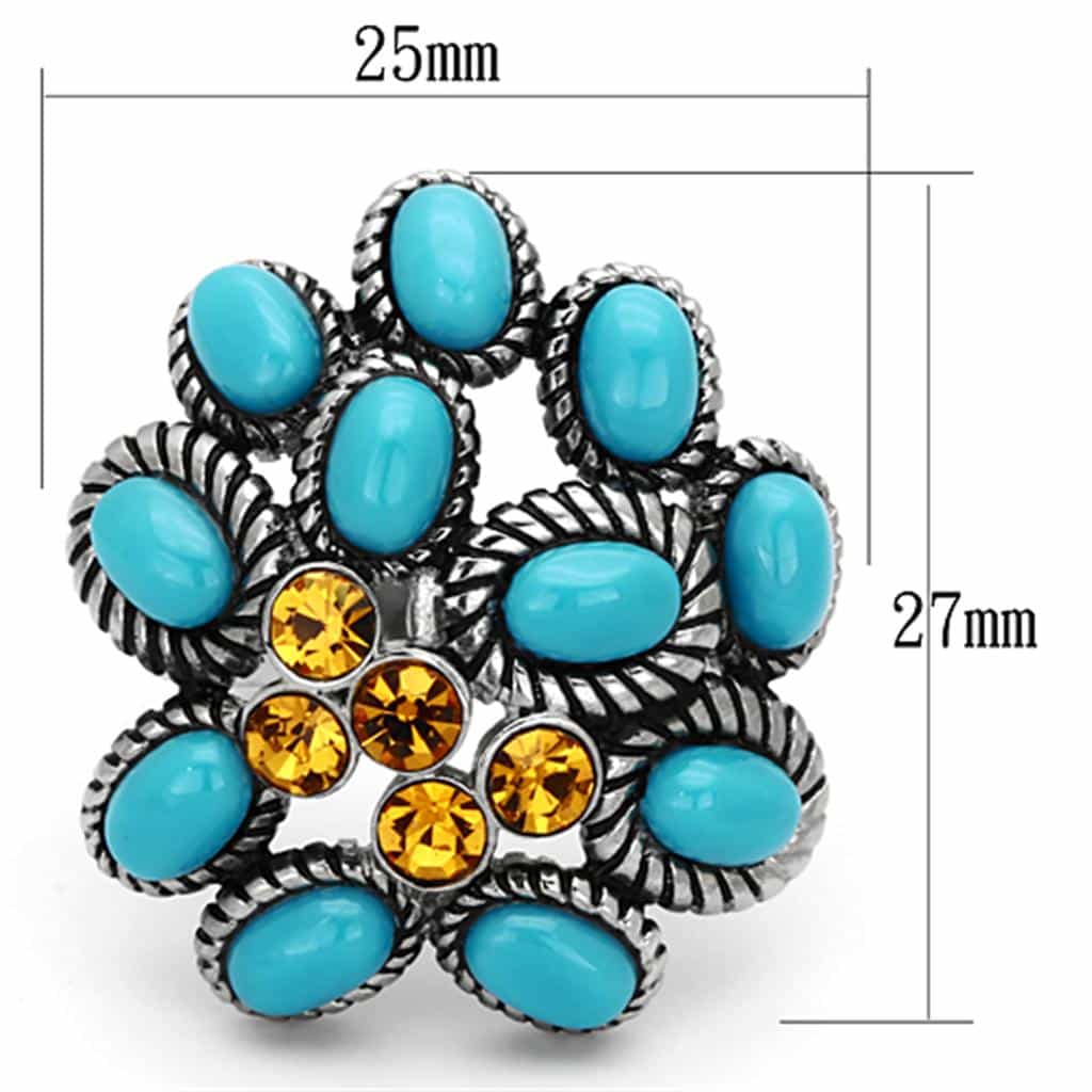 Stainless Steel Turquoise Yellow Crystal Antiqued Flower Ring view 6