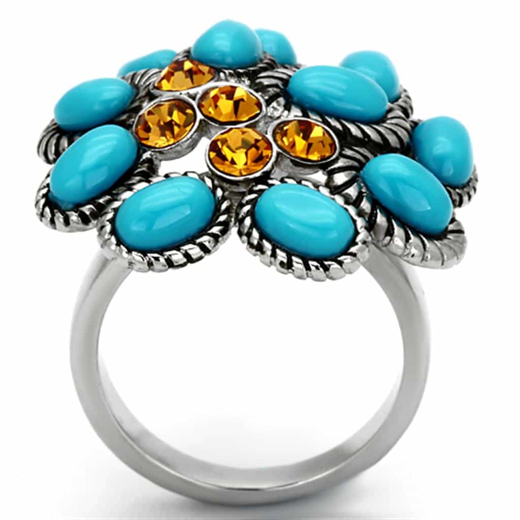 Stainless Steel Turquoise Yellow Crystal Antiqued Flower Ring view 7