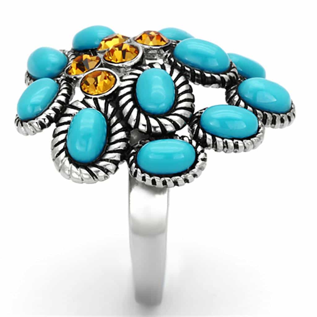 Stainless Steel Turquoise Yellow Crystal Antiqued Flower Ring view 8