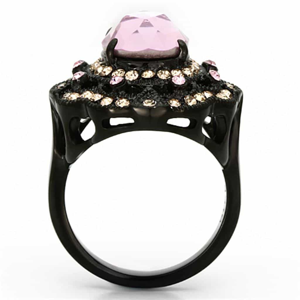 Stainless Steel Black Pink Oval Crystal Filigree Cocktail Ring view 3